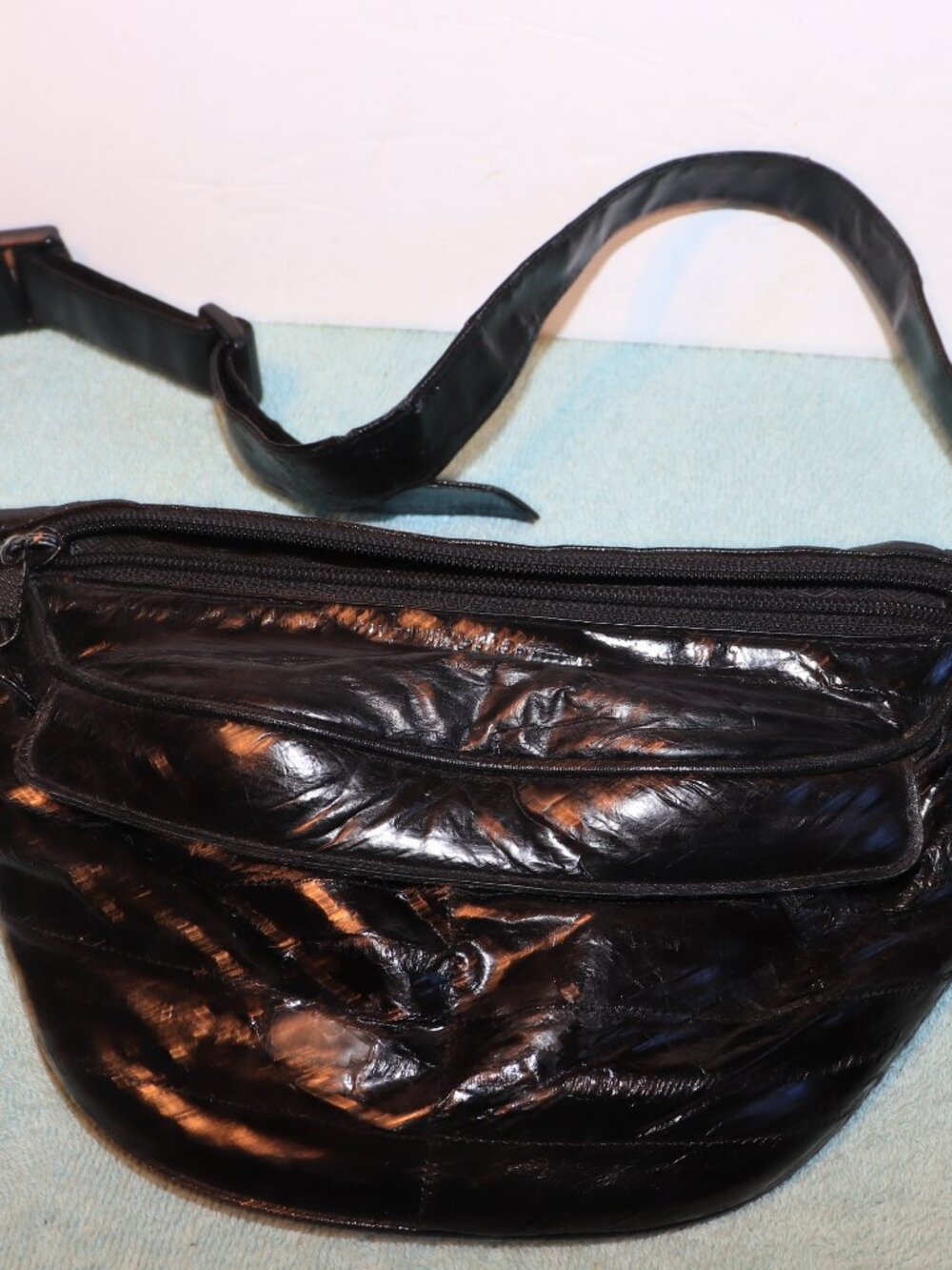 Black  Faux Leather Waist Pack Fanny Pack Zip Closure 3Pockets Adjustable Strap,